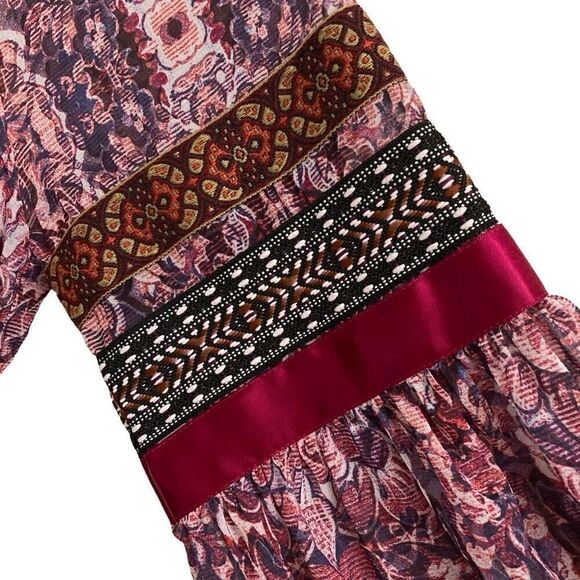 Bebe Fable boho embroidered satin trim balloon  sleeve mini dress women’s S NEW - Picture 11 of 13